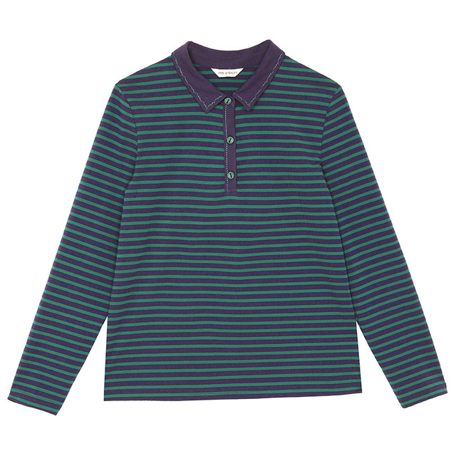 Milanden middle-aged and elderly mothers' POLO collar long-sleeved T-shirt women's spring and autumn new fashion striped knitted top