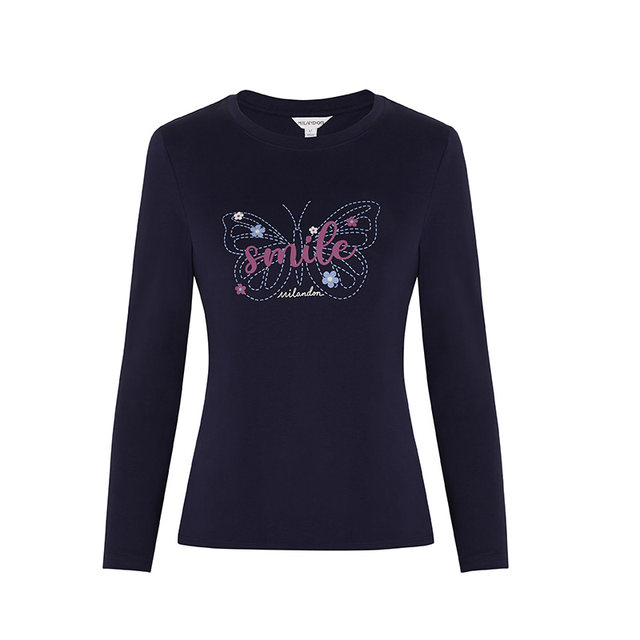 Miranden middle-aged and elderly mothers wear 2025 autumn new round neck fashionable printed T-shirt for women long sleeves casual thick