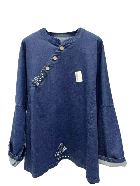 18178 retro blue printed patch oblique button cotton twill denim shirt loose long sleeve pullover top