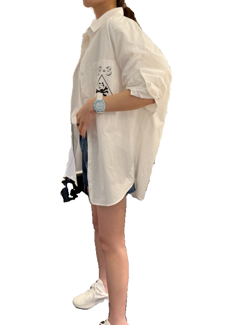 Zhiyan South Korea imported loose casual trendy pure white black cartoon printed mid-length long-sleeved shirt jacket