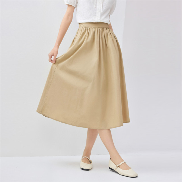 Giordano skirt for women's new summer literary style pure color pure cotton poplin pleated a-line skirt 05465086