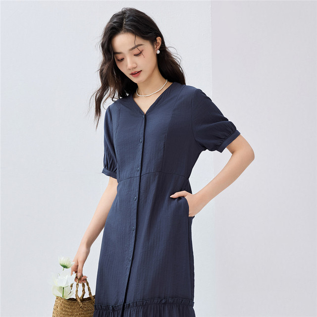 Giordano skirt for women new casual vacation style ruffle hem V-neck short-sleeved dress for women 05465071
