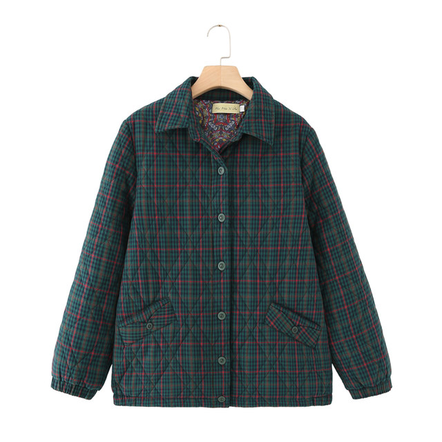 Middle-aged and elderly mothers new autumn and winter lapel plaid cotton jacket women's loose and versatile casual cotton coat cotton top