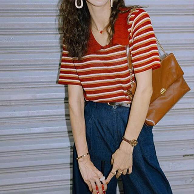 Red striped polo collar T-shirt short-sleeved women's summer American shirt age-reducing lapel front shoulder top 0326u