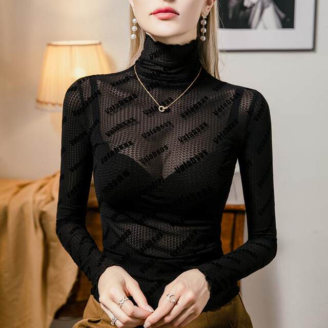 Turtleneck lace base shirt for women slim letters jacquard 2024 autumn new women's clothing underwear top black T-shirt
