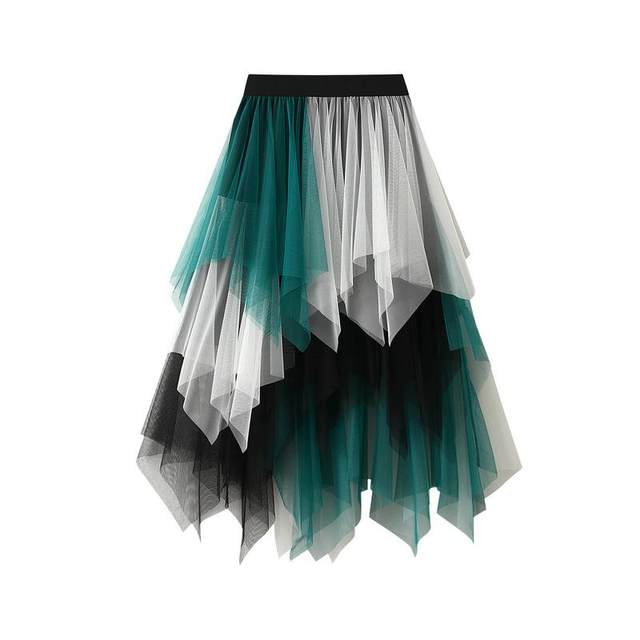 New color-blocking mesh multi-layer irregular and versatile elastic waist mid-length skirt skirt #8063 customized
