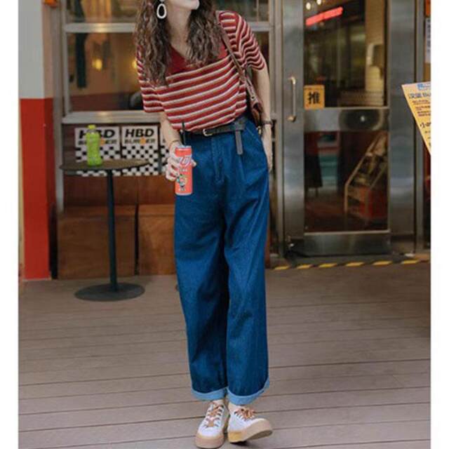 Red striped polo collar T-shirt short-sleeved women's summer American shirt age-reducing lapel front shoulder top 0326u