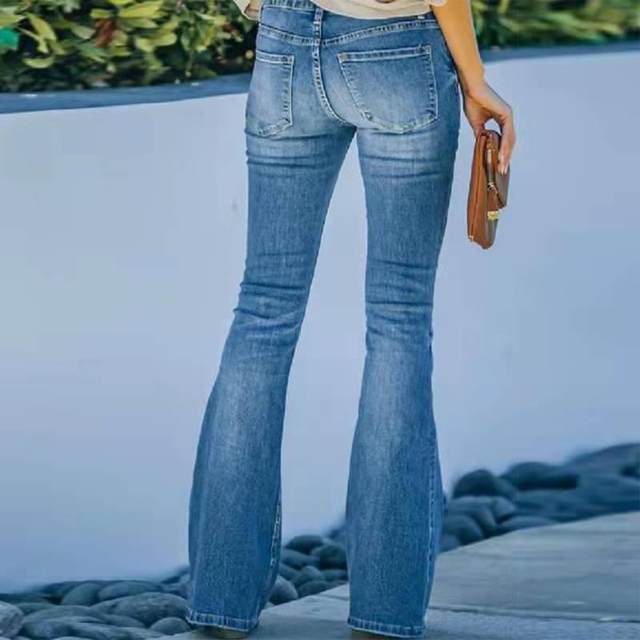 Cross-border European and American spring new Amazon fashion breasted bell-bottom pants high-waist stretch jeans women's trousers customized
