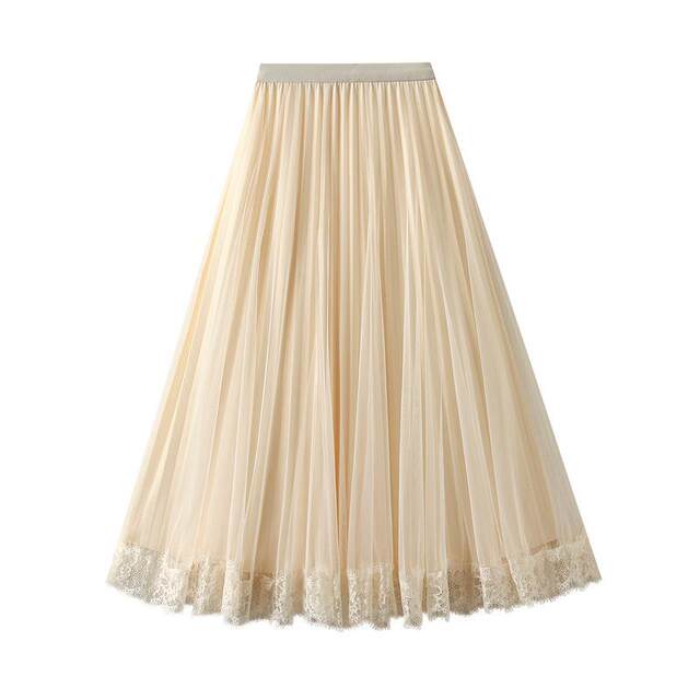 Pleated skirt for women in autumn and winter spliced ​​lace skirt for mid-length two sides with draped fashionable mesh big hem skirt 8611
