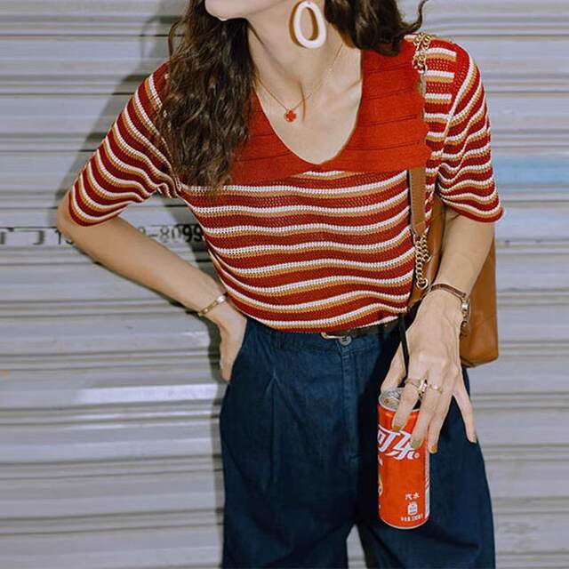 Red striped polo collar T-shirt short-sleeved women's summer American shirt age-reducing lapel front shoulder top 0326u