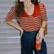 Red striped polo collar T-shirt short-sleeved women's summer American shirt age-reducing lapel front shoulder top 0326u