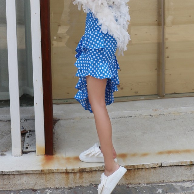 Nalala summer retro high waist polka dot dots ruffle oblique angle pure cotton half body hip skirt one step skirt medium length