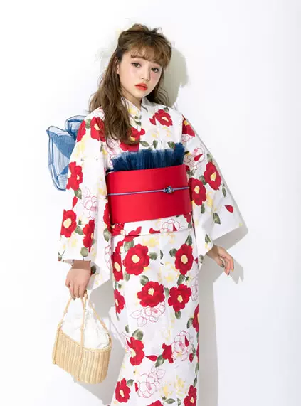 白底红色山茶花 椿浴衣セット8件套豪华浴衣套装旅拍租赁