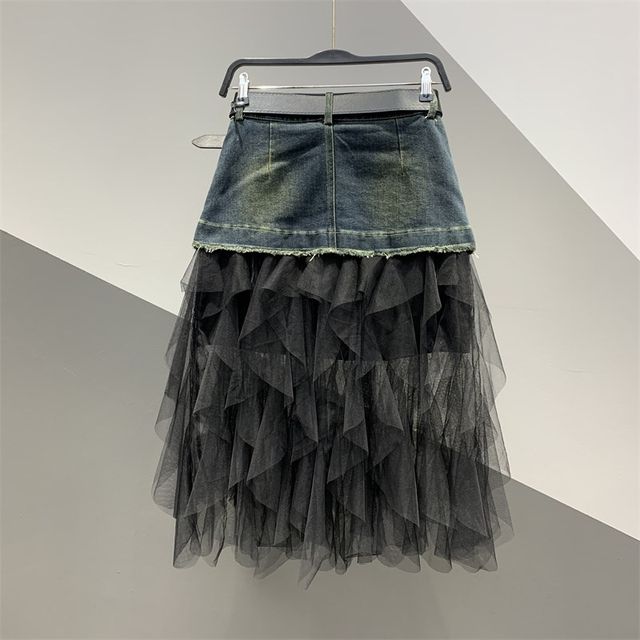 
2025 spring and summer new style of personalized fashionable mesh spliced ​​denim mid-length skirt for women versatile slim A-line skirt