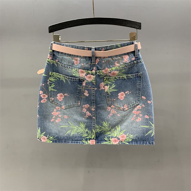 
Flower printed denim skirt for women 2025 summer new retro high waist versatile slim A-line hip skirt