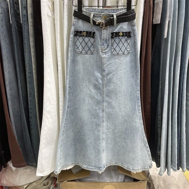 25 spring and summer new Korean style design touching pocket versatile denim skirt women's high waist slim mid-length fishtail skirt
