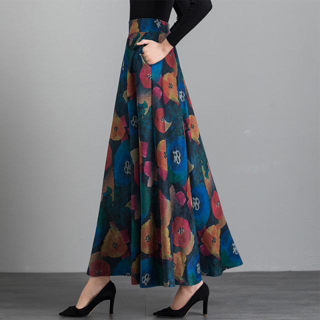 Autumn and winter new retro print high -waisted high -waisted A -body skirt mid -length winter skirt large size dance skirt large skirt female
