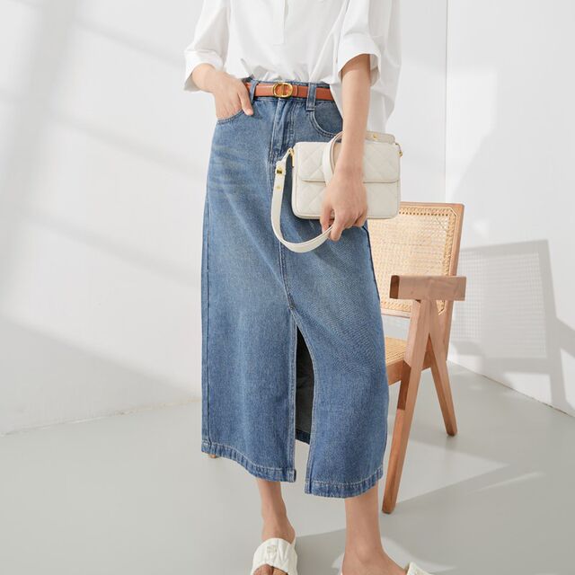 Mambe retro denim skirt for women in summer 2025 new high waist straight loose mid-length temperament large-size skirt