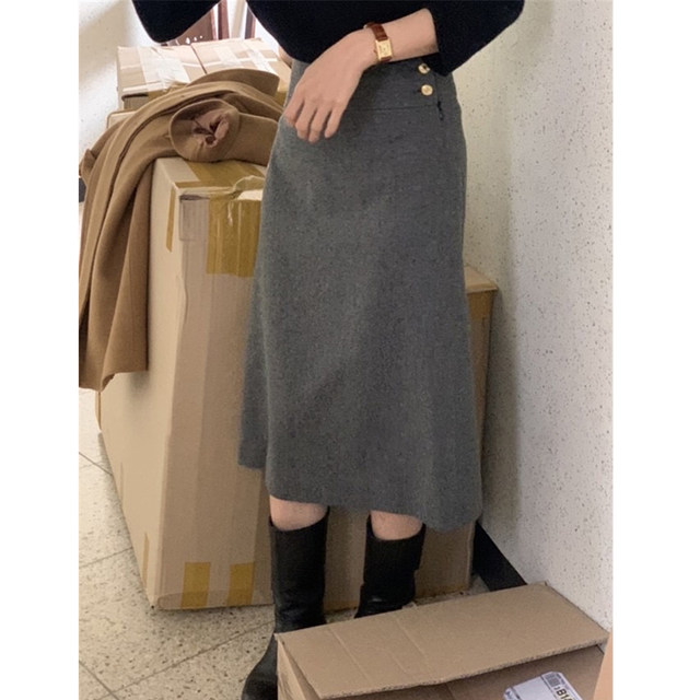 
Temperament retro solid color wool wool skirt 2022 winter high-waist slim gold button mid-length A-line wool skirt