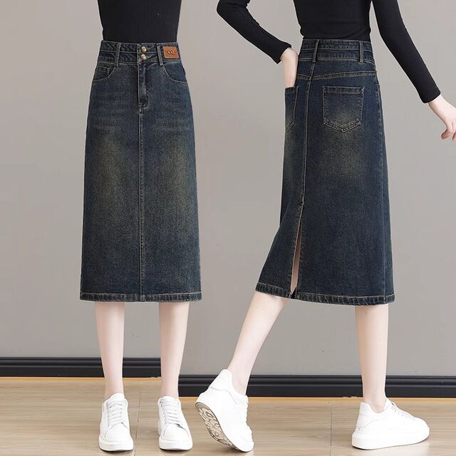 Retro blue denim skirt for women 2024 new summer thin high waist old mid-length slit one-step skirt
