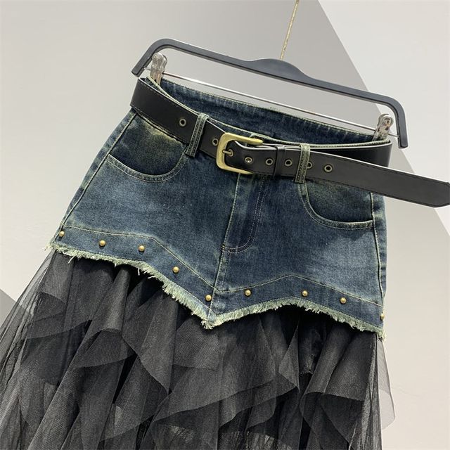
2025 spring and summer new style of personalized fashionable mesh spliced ​​denim mid-length skirt for women versatile slim A-line skirt