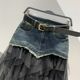 
2025 spring and summer new style of personalized fashionable mesh spliced ​​denim mid-length skirt for women versatile slim A-line skirt