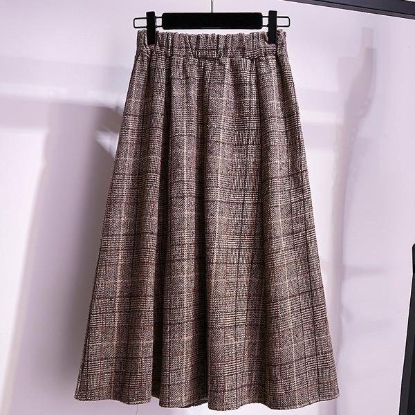 Large -size women's autumn and winter A -character loose waist tight waist grid hair 200jin [Jin is equal to 0.5 kg] Add fat to increase fat mm skirt