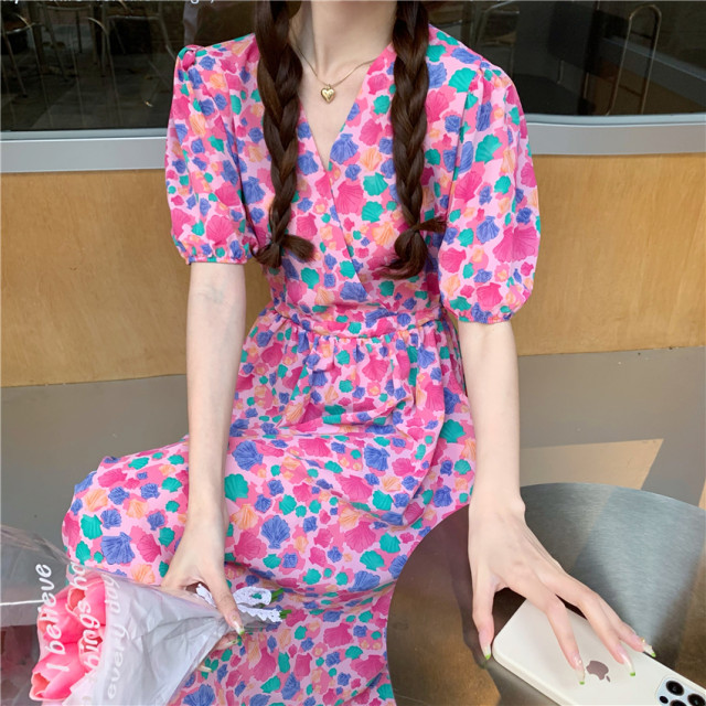 DG's new French floral suspender long skirt with waist slim holiday style mid-length slit dress
