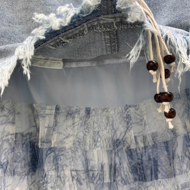 European-style denim splicing versatile slim mesh skirt for women 2025 mid-length cake skirt big hem skirt