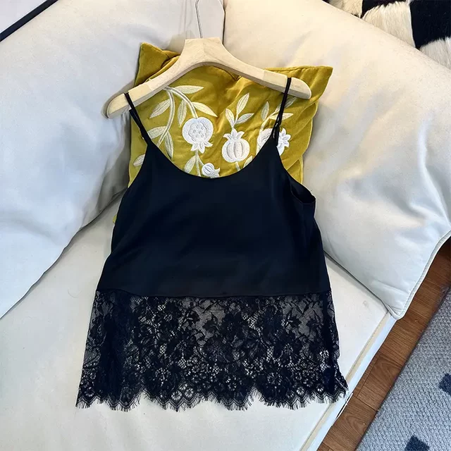 Satin lace splicing suspender vest for women 2025 spring and summer new layered design niche inner base top