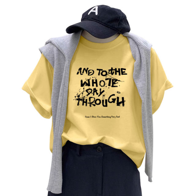 Yellow T-shirt for women's short-sleeved 2025 new summer pen ink letter casual large version loose cotton round neck top trendy