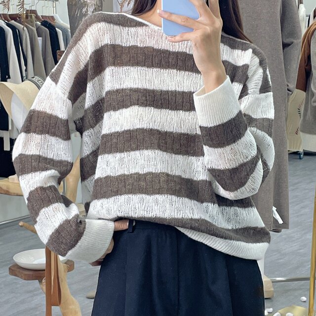Pleasant Goat Loose Large Size One-Size Collar 100% Cashmere Striped Sweater Slim Needle Hollow Exposed Cladder Bone Slimming and Comfortable