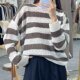 Pleasant Goat Loose Large Size One-Size Collar 100% Cashmere Striped Sweater Slim Needle Hollow Exposed Cladder Bone Slimming and Comfortable