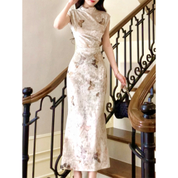 Good Job( streaming butterfly shadow) new 2023 autumn and winter velvet new Chinese high-neck printing dress