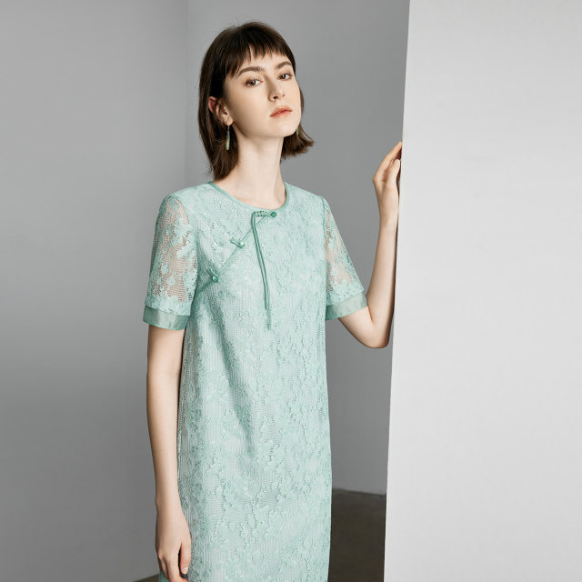 New Chinese style dress for 2025 new women's summer elegant green mid-length short-sleeved round neck skirt