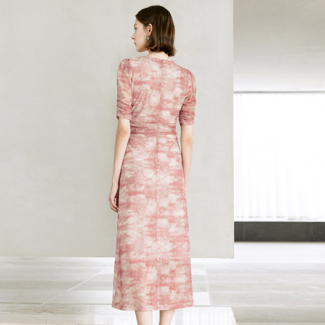 Yanyu ink printing skirt summer women's clothing 2025 new pink mid-length short-sleeved V-neck pleated dress