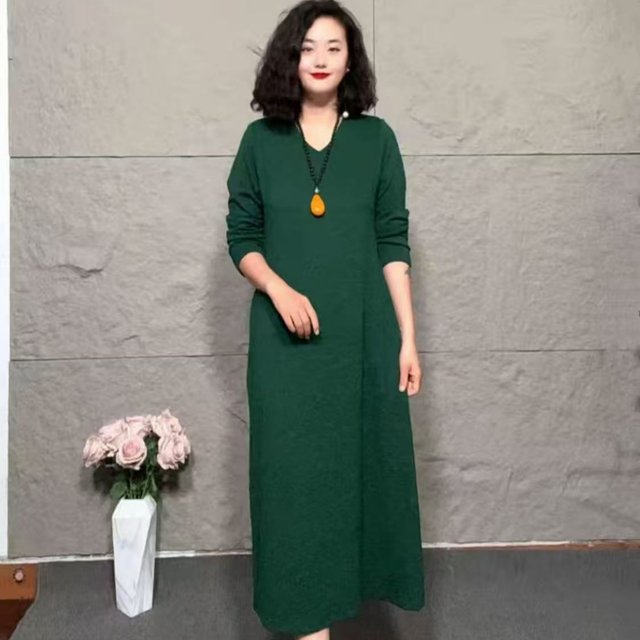 Mom's autumn new fashionable V-neck long-sleeved dress spring and autumn style versatile temperament age-reducing mid-length skirt