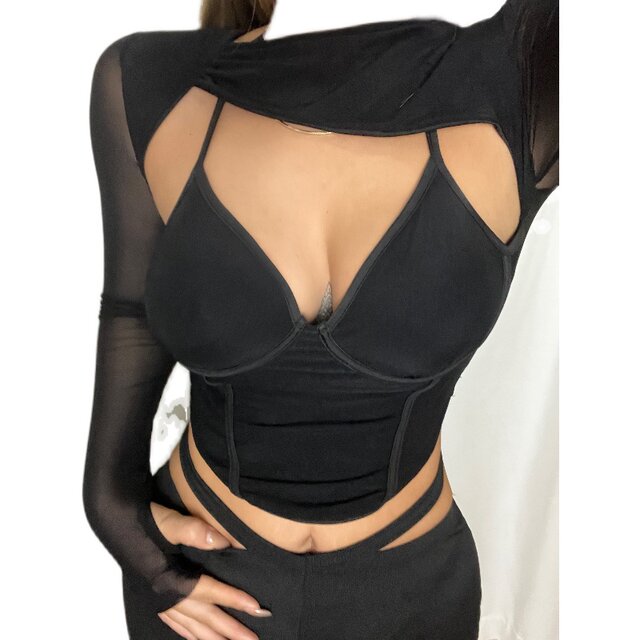 LA PINKY European and American sexy black deep V suspender breasts and slim hollow long-sleeved shirt fake two-piece base shirt