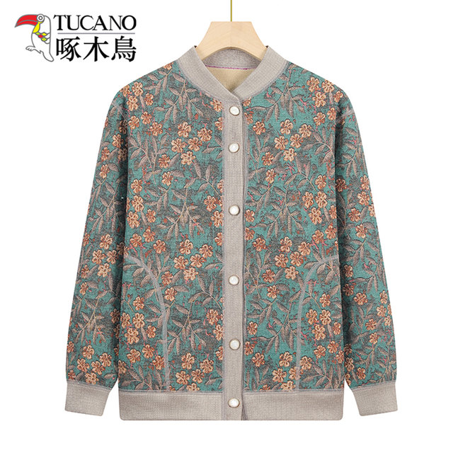 Woodpecker sweater coat top velvet thickened grandma elderly loose knitted sweater cardigan for middle-aged and elderly mothers