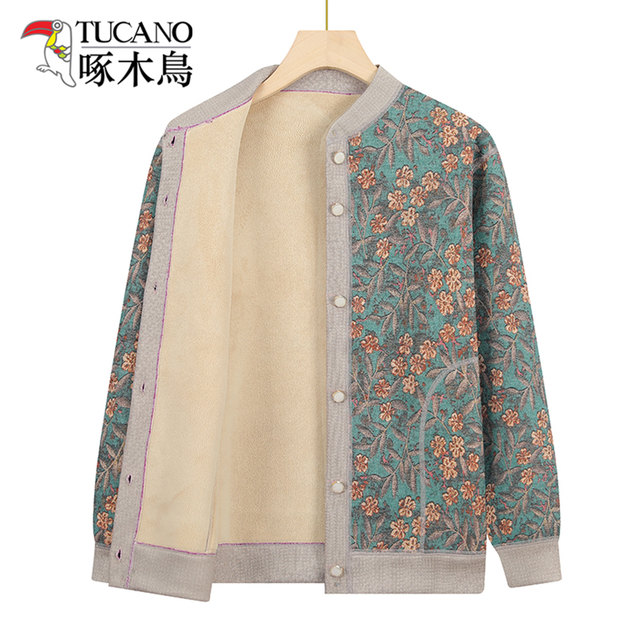 Woodpecker sweater coat top velvet thickened grandma elderly loose knitted sweater cardigan for middle-aged and elderly mothers