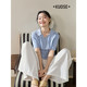 Broad color blue spliced ​​polo collar sweater 2025 summer new style slim body style T-shirt