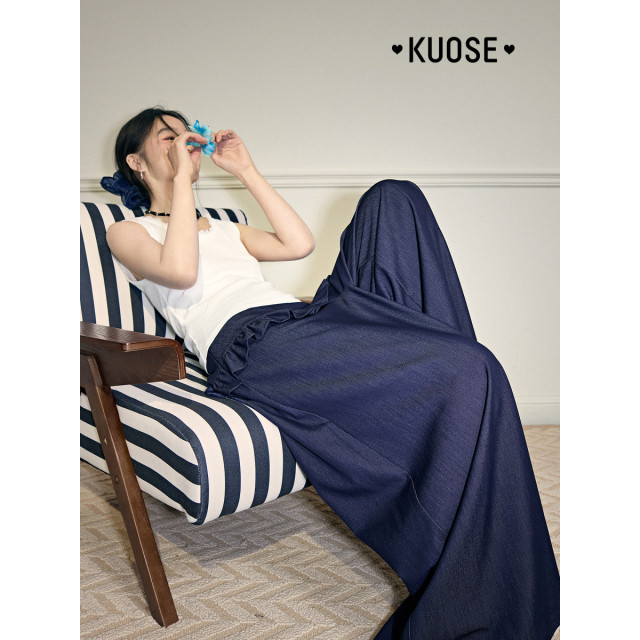 Wide color blue retro imitation denim loose wide-leg casual pants for women 2025 spring and summer new straight trousers
