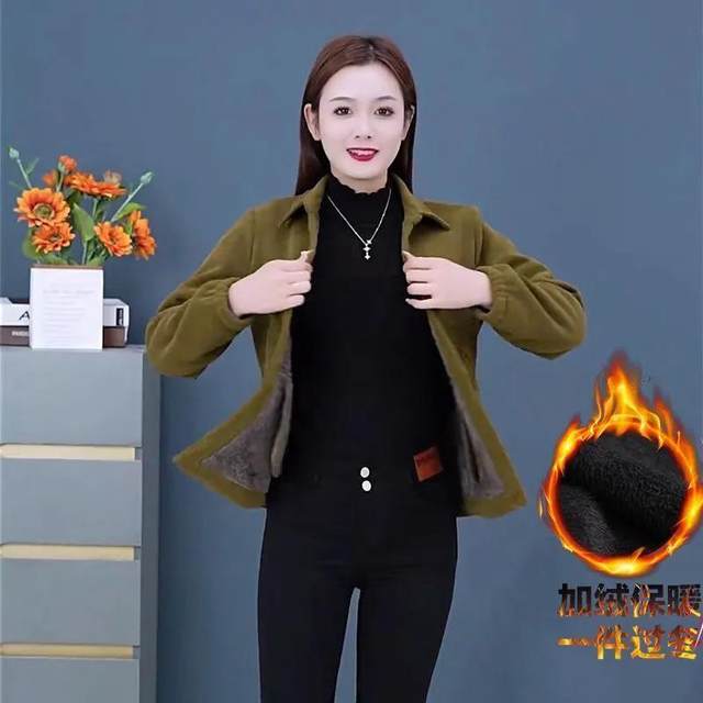 2023 autumn and winter new corduroy mother jacket middle-aged women's solid color fashion plus velvet short cotton jacket top
