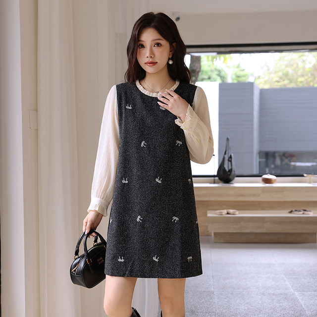 Qisao women's autumn and winter new style embroidered small fragrant style waist-cinching A-line skirt covers the flesh and makes fat MM large size dress
