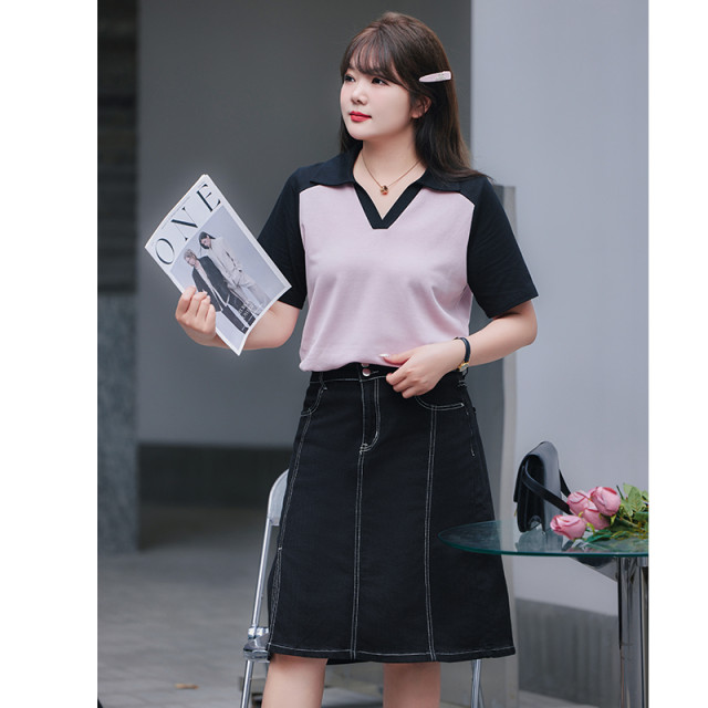 Slim large size fat MM top for women POLO shirt 2025 summer new V-neck loose meat cover short sleeve fat sister T-shirt