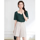 Qisu large size women's clothing 2025 summer new V-neck straight shoulder stretch fat girl versatile short-sleeved top for women T-shirt
