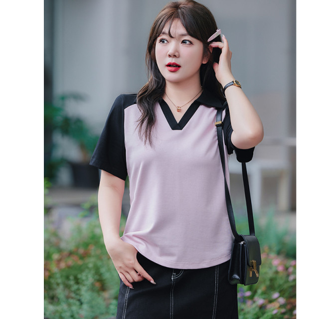 Slim large size fat MM top for women POLO shirt 2025 summer new V-neck loose meat cover short sleeve fat sister T-shirt