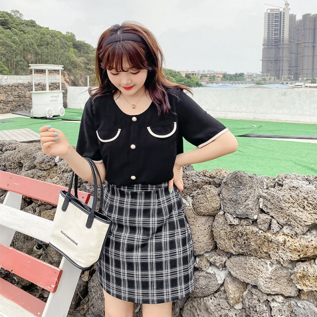 Large -size plaid skirt 2023 summer new Korean version high waist, thin and thin mm retro A -line skirt skirt