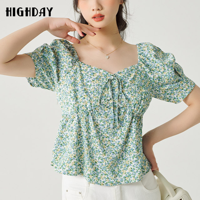 Highday Xuanri 2024 summer new square collar bow tie top for women short-sleeved retro floral shirt