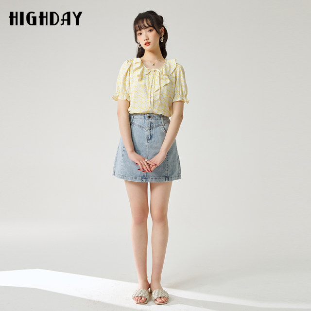 Highday Xuanri 2024 summer new printed ruffle puff sleeve shirt for women sweet short sleeve lace-up shirt